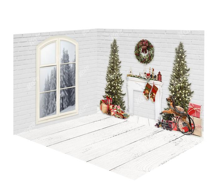 Kate Christmas Fireplace White Brick Wall&Floor Window Room Set