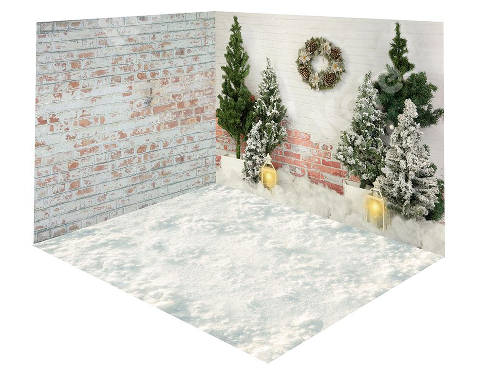 Kate Christmas Trees Brick Wall Snow Backdrop Room Set -UK