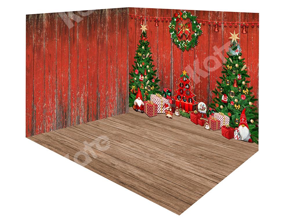 Kate Christmas Trees Wood Red Wall Backdrop Room Set