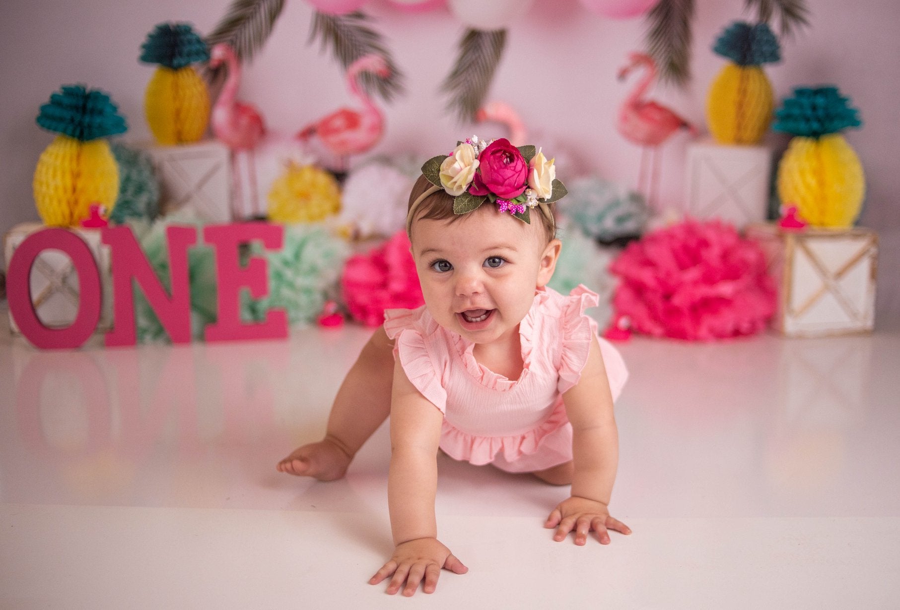 Kate Summer Balloons Flowers Flamingo Backdrop Designed by Mandy Ringe Photography -UK