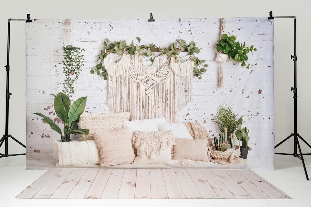 Kate Boho Macrame Pillows with Plants Backdrop Designed By Mandy Ringe Photography