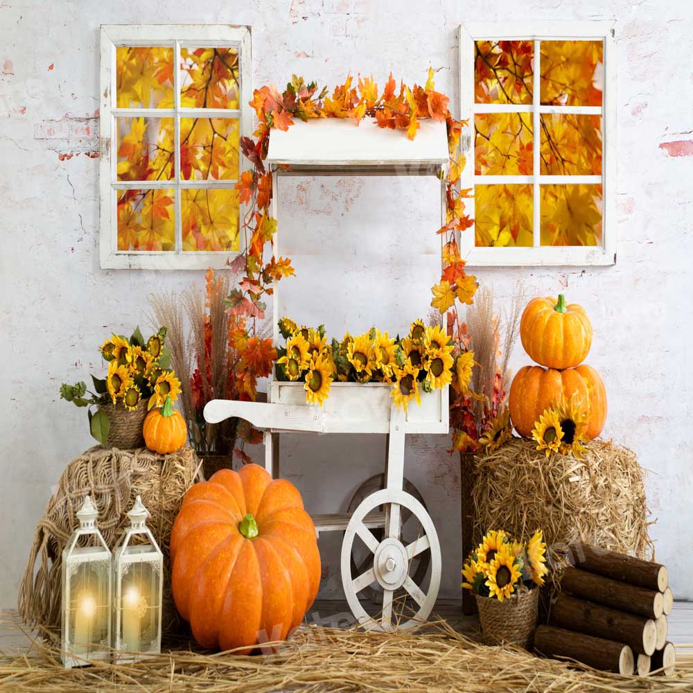 Kate Autumn Straw Pumpkin Maple Leaf Backdrop Designed by Emetselch -UK
