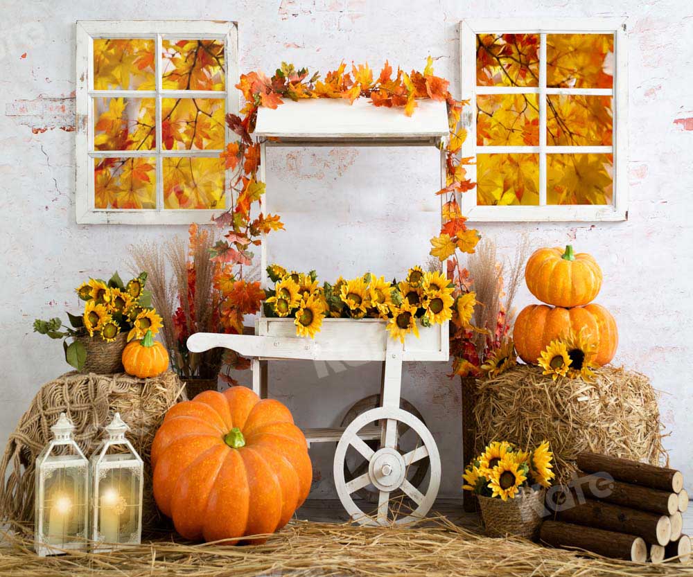 Kate Autumn Straw Pumpkin Maple Leaf Backdrop Designed by Emetselch -UK