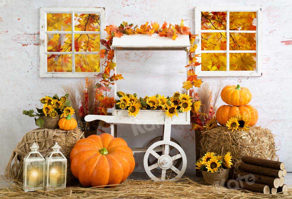 Kate Autumn Straw Pumpkin Maple Leaf Backdrop Designed by Emetselch -UK