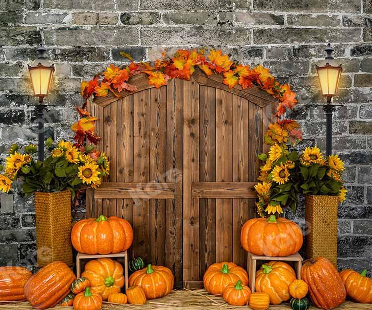 Kate Autumn Pumpkin Brick Barn Door Backdrop Designed by Emetselch -UK