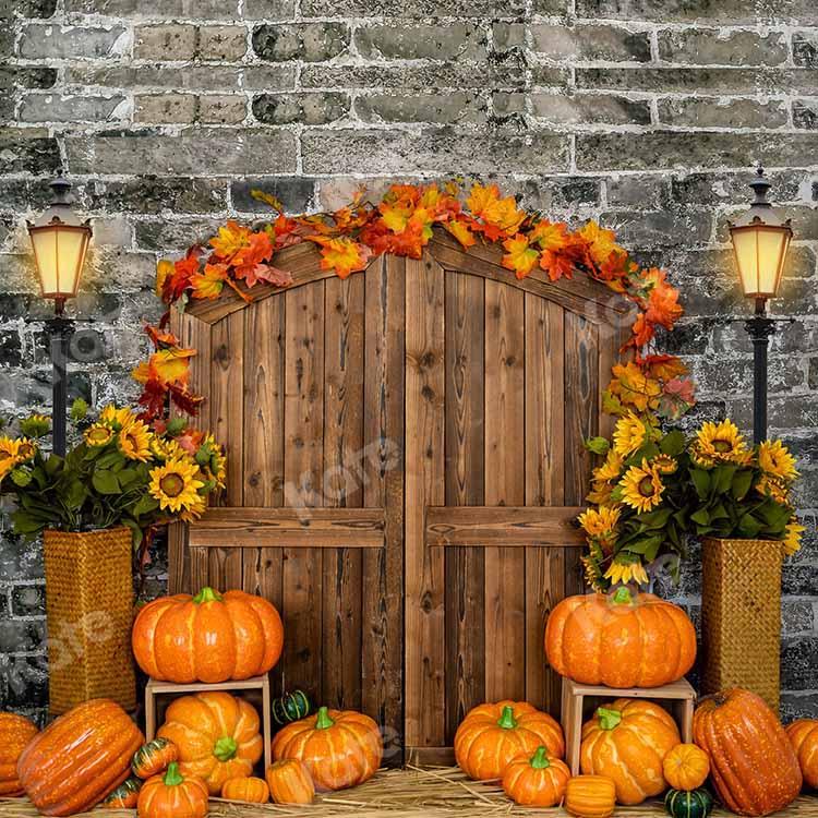 Kate Autumn Pumpkin Brick Barn Door Backdrop Designed by Emetselch