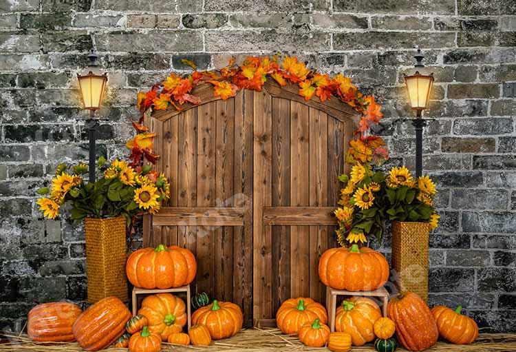 Kate Autumn Pumpkin Brick Barn Door Backdrop Designed by Emetselch -UK