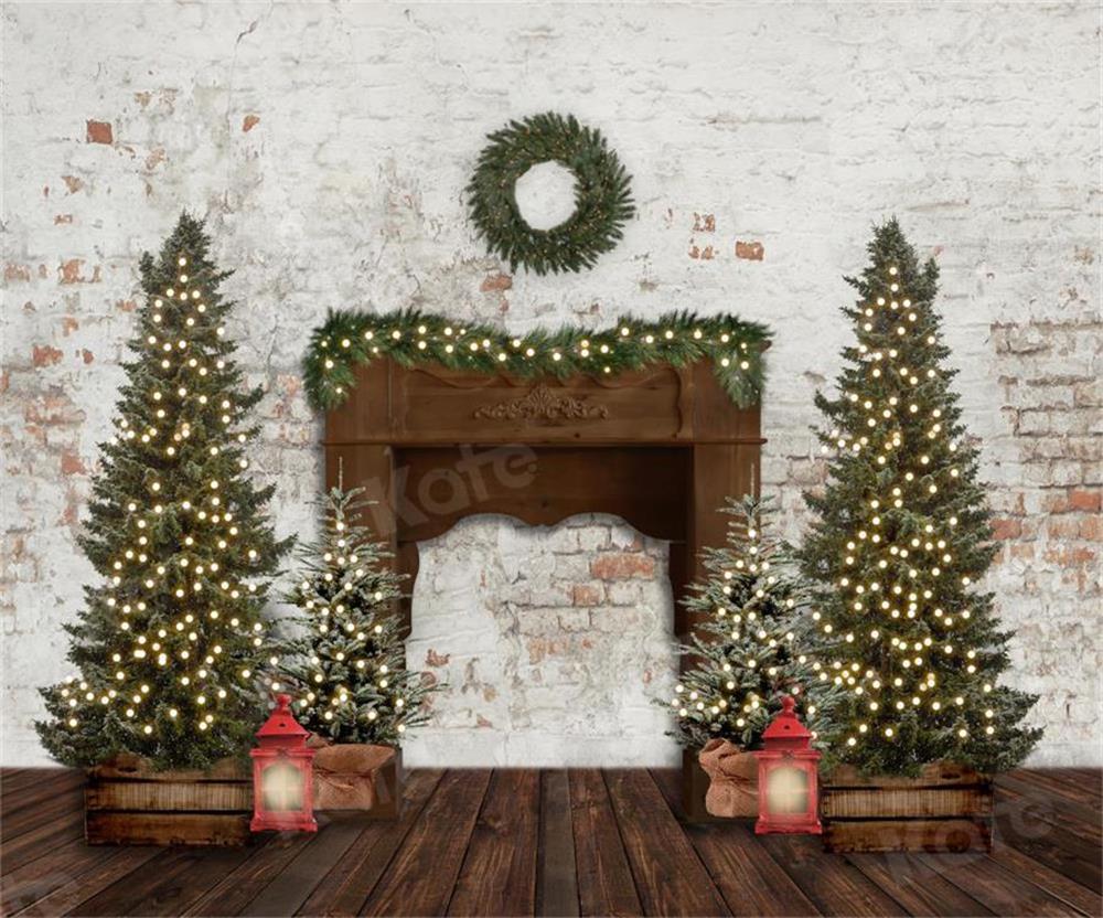 Kate Christmas Fireplace Wreath Backdrop for Photography