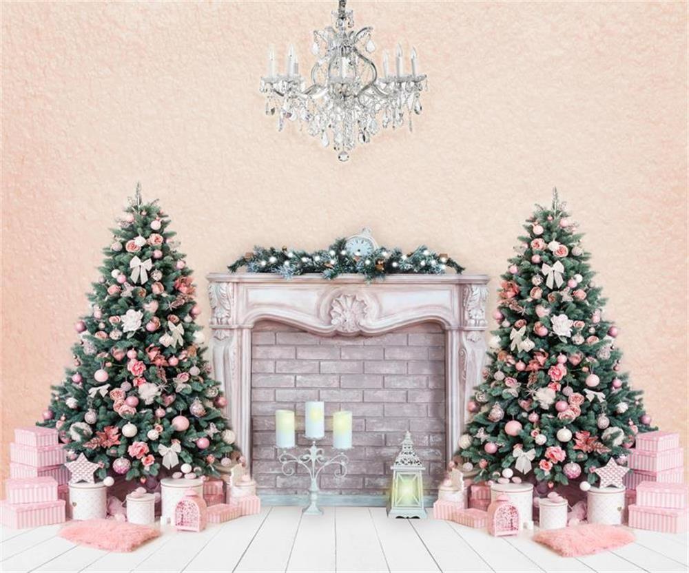 Kate Christmas Trees Backdrop Fireplace Pink Wall for Photography -UK
