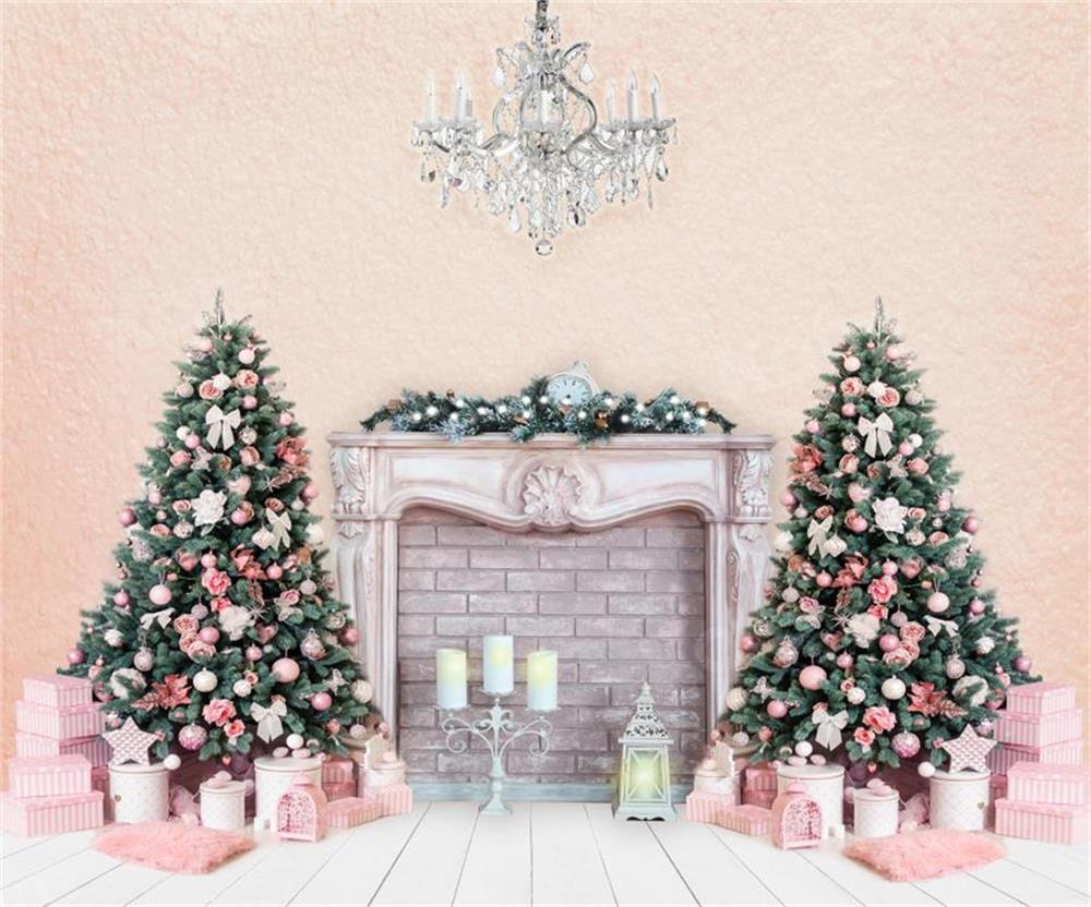 Kate Christmas Trees Backdrop Fireplace Pink Wall for Photography