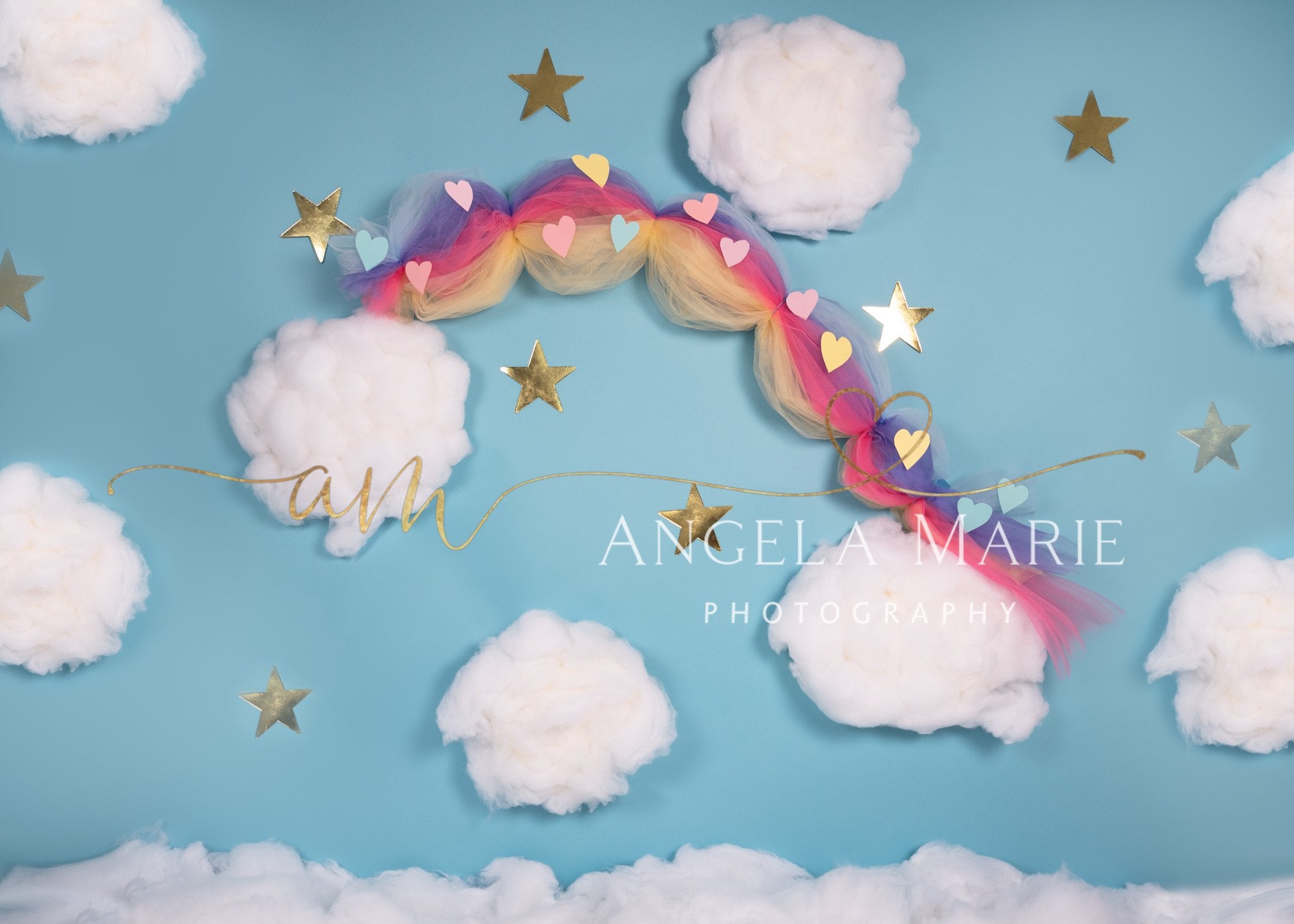 Kate Cake Smash Rainbow Clouds Blue Backdrop Designed By Angela Marie Photography