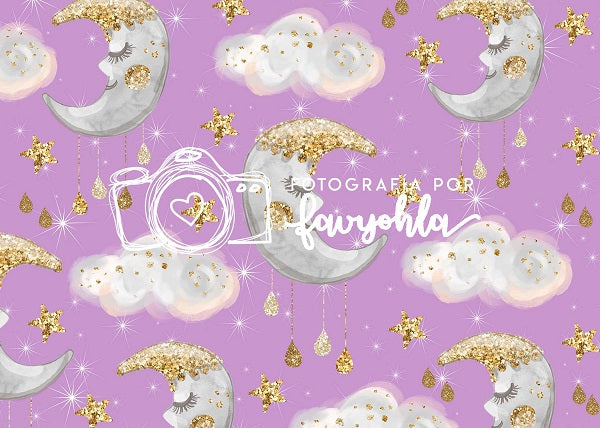 Kate Children Baby Shower Moon and Stars Clouds Purple backdrop designed by Fabiola Yar í