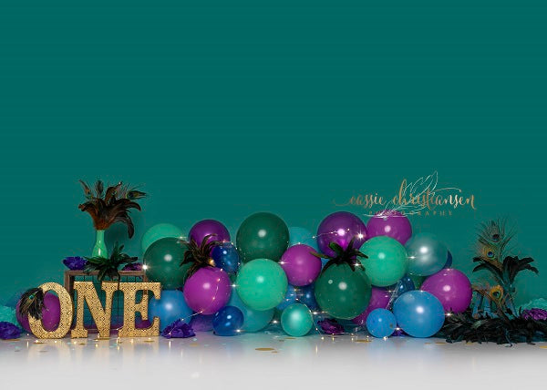Pine Green Peacock Feather Balloons with Neon Lights Backdrop