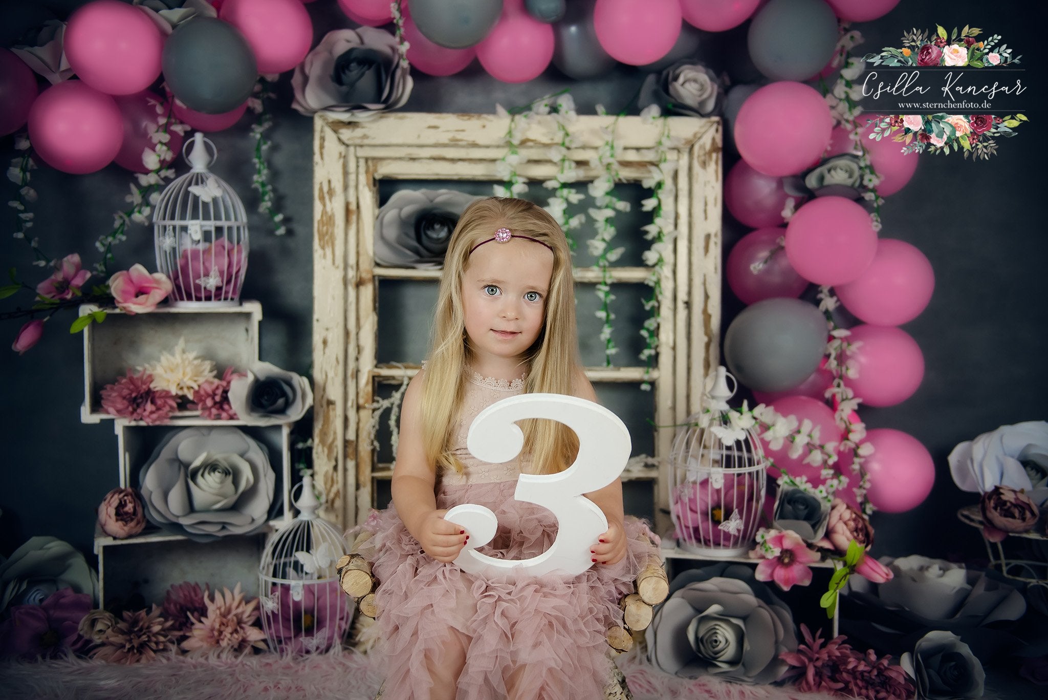 Kate Cake Smash Backdrop Grey&Pink Balloons Designed by Csilla Kancsar -UK