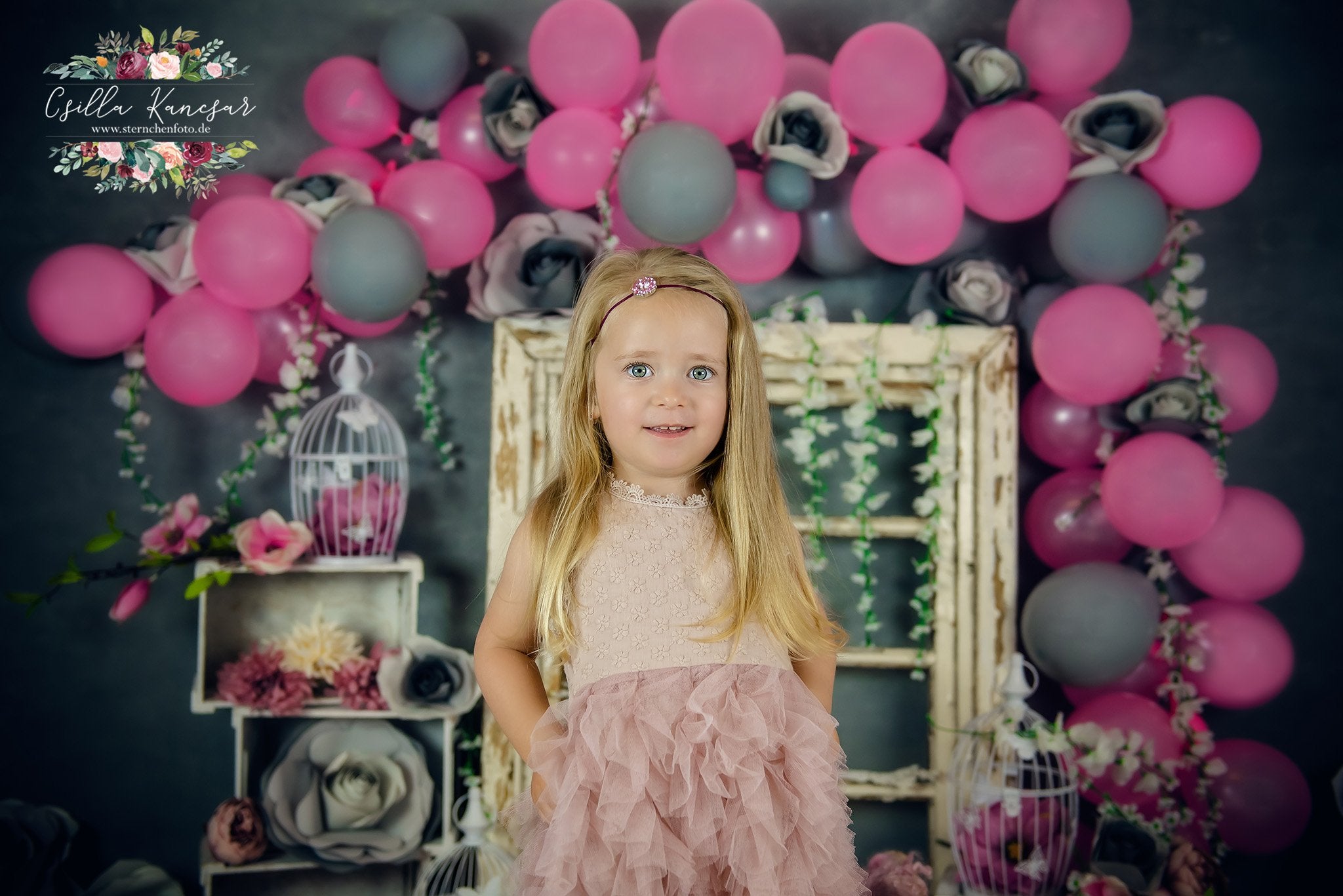 Kate Cake Smash Backdrop Grey&Pink Balloons Designed by Csilla Kancsar -UK