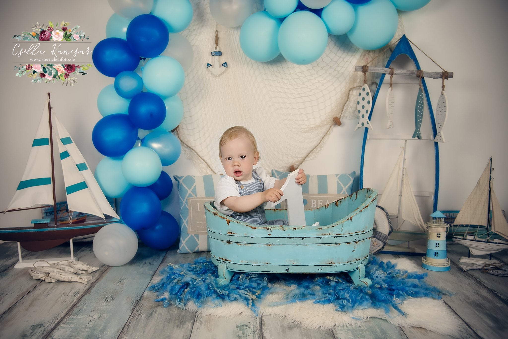 Kate Sailor Backdrop Blue Balloons Sailboat Designed by Csilla Kancsar -UK
