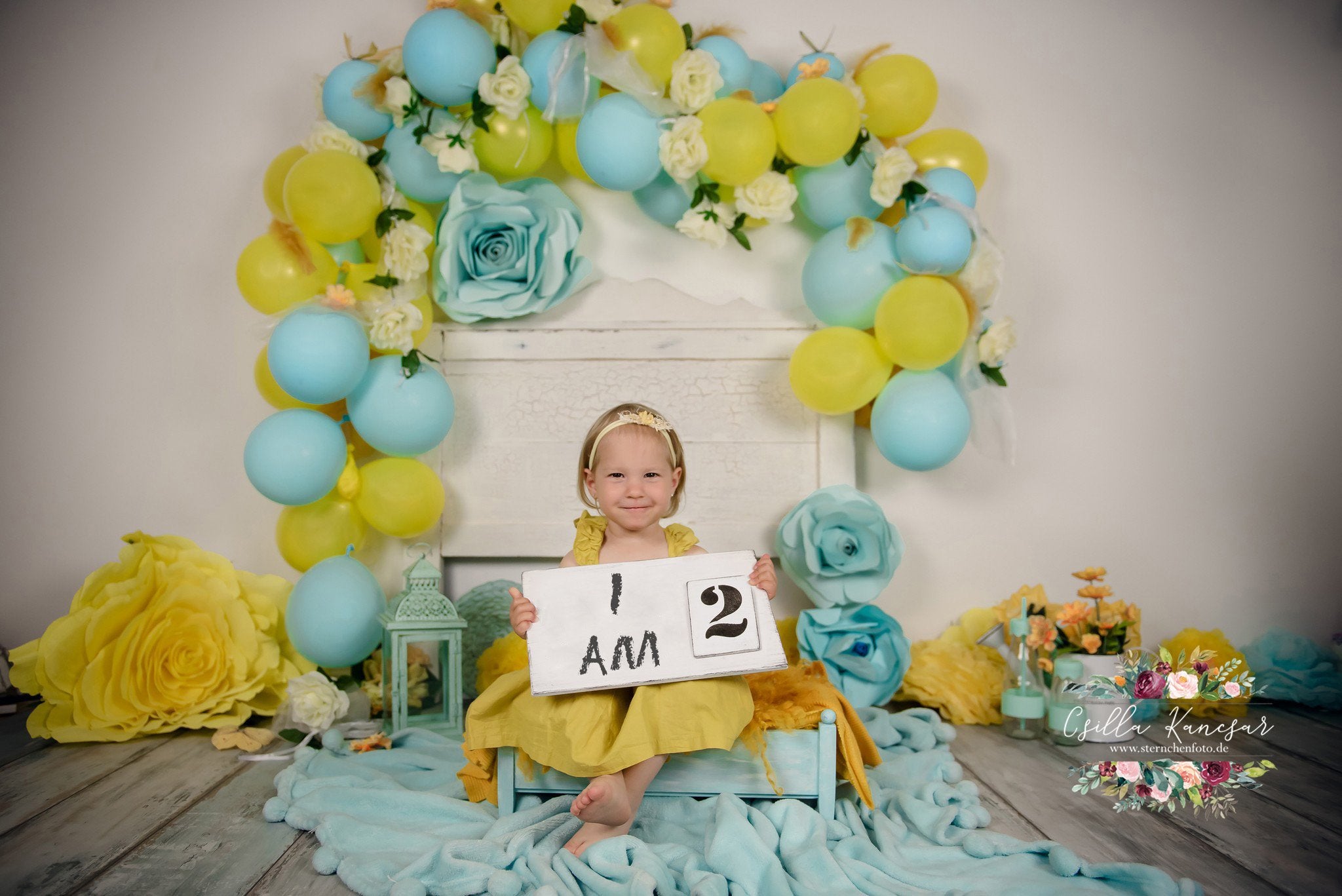 Kate Cake Smash Backdrop Blue&Yellow Balloons Designed by Csilla Kancsar -UK