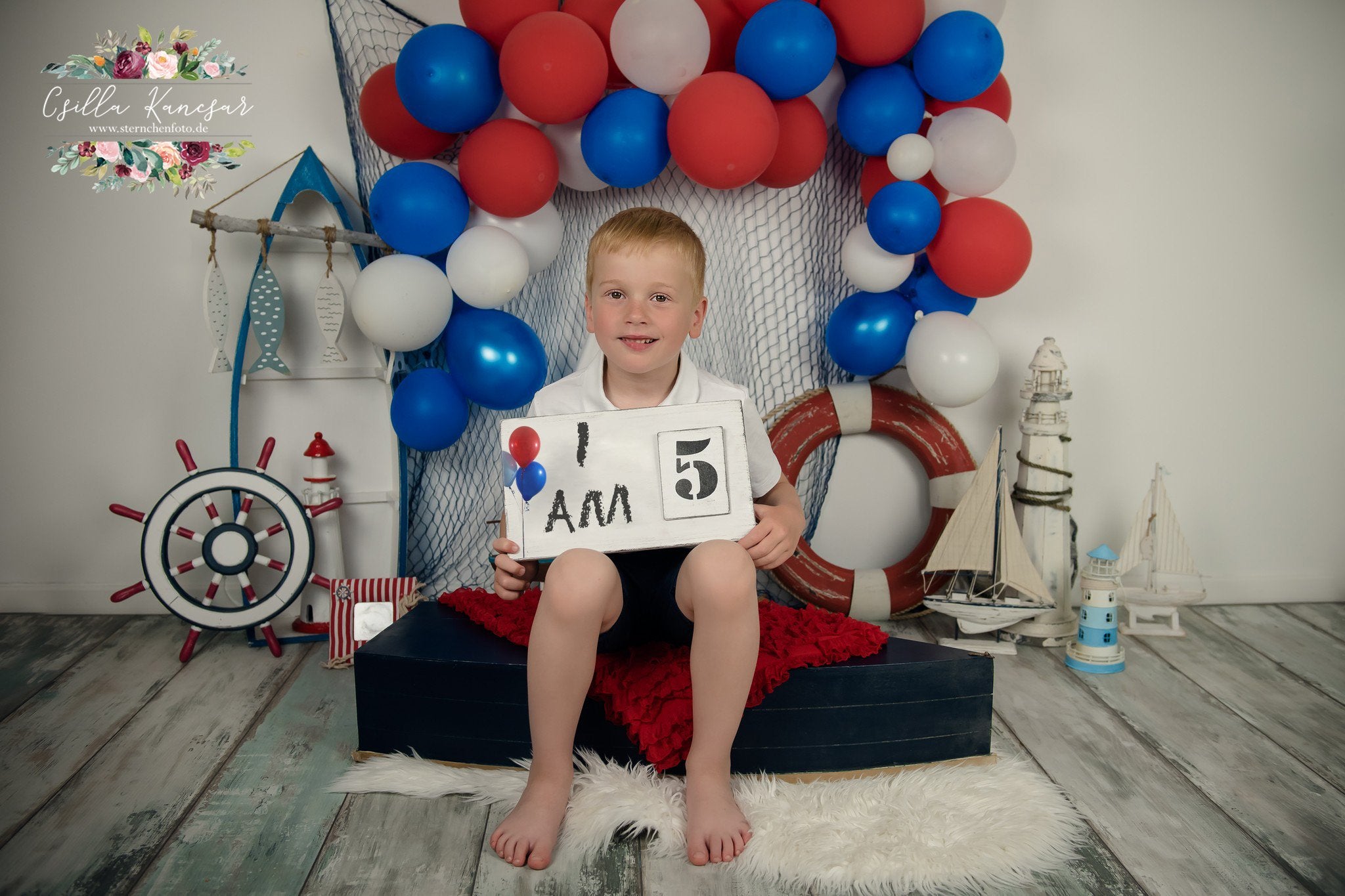 Kate Sailor Backdrop Blue&Red Balloons Sailboat Designed by Csilla Kancsar -UK