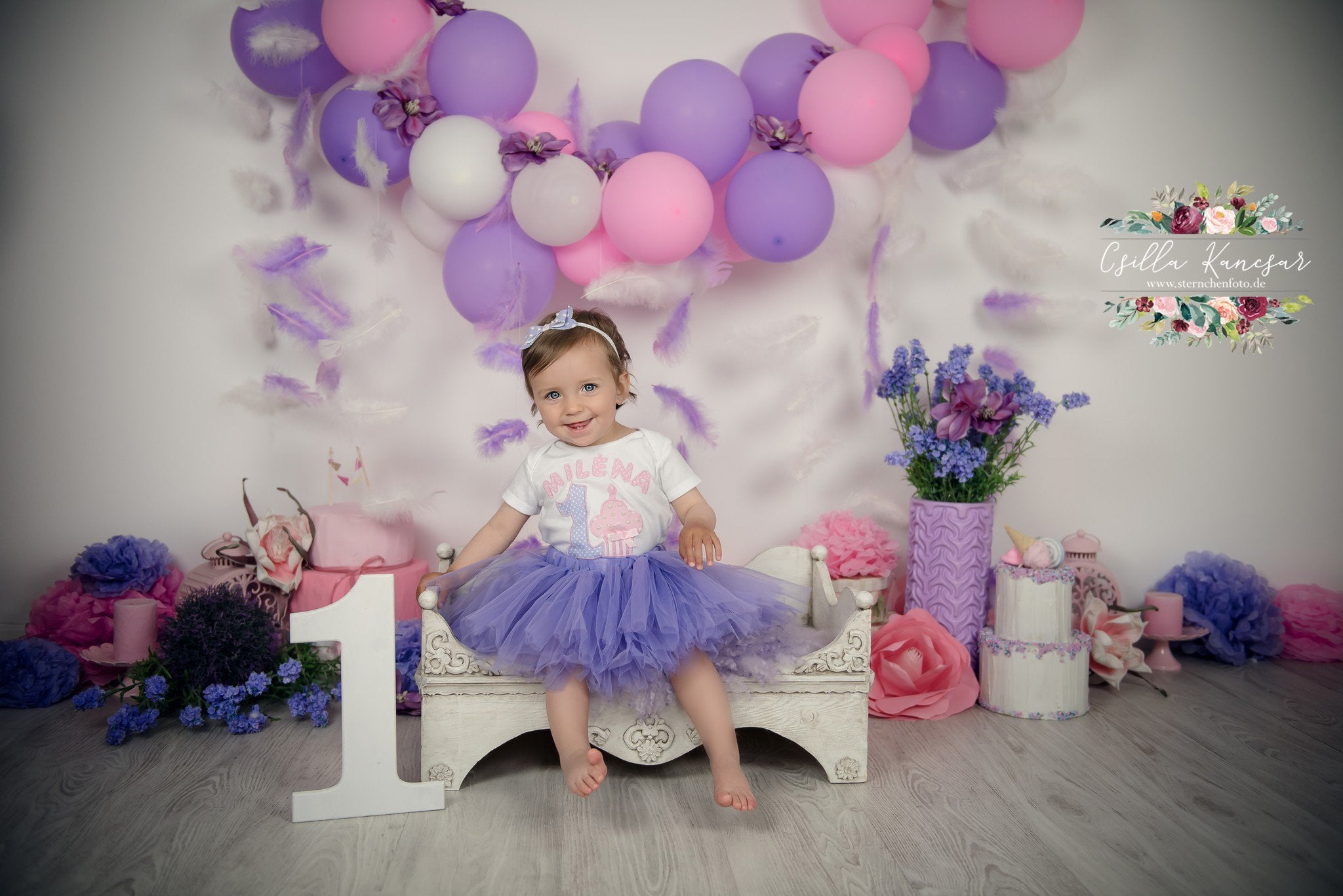 Kate Cake Smash Backdrop Balloons Purple Feathers Designed by Csilla Kancsar